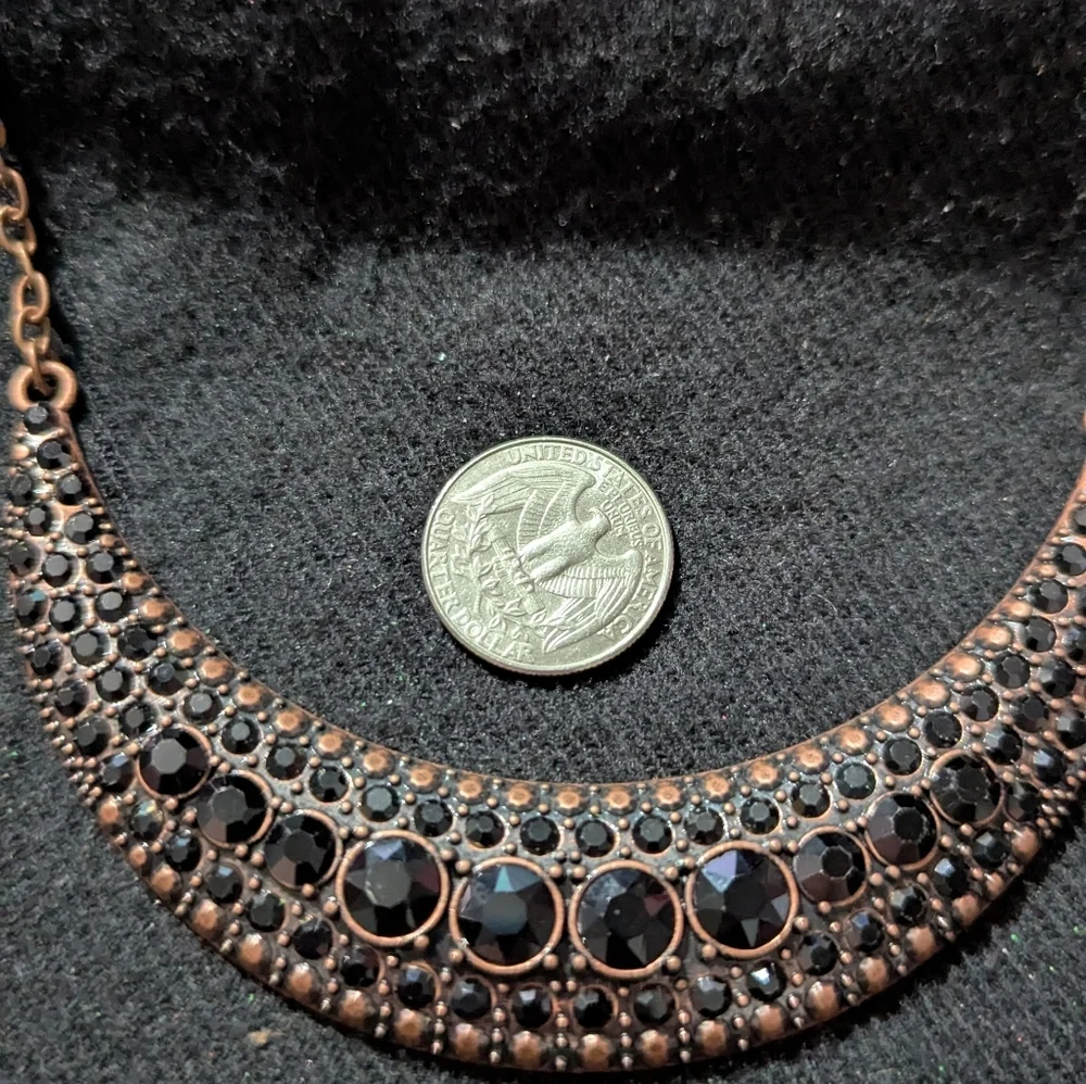 Copper Tone Black Rhinestone Curved Bar Bib Style Statement Necklace